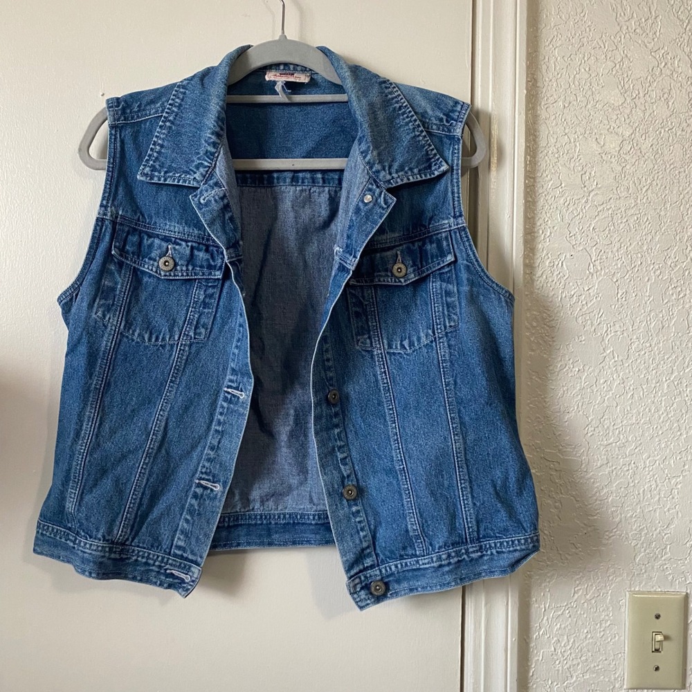 Vintage‎ Medium Wash Denim Trucker Vest Blue Cotton Button Up  Faded Glory Large